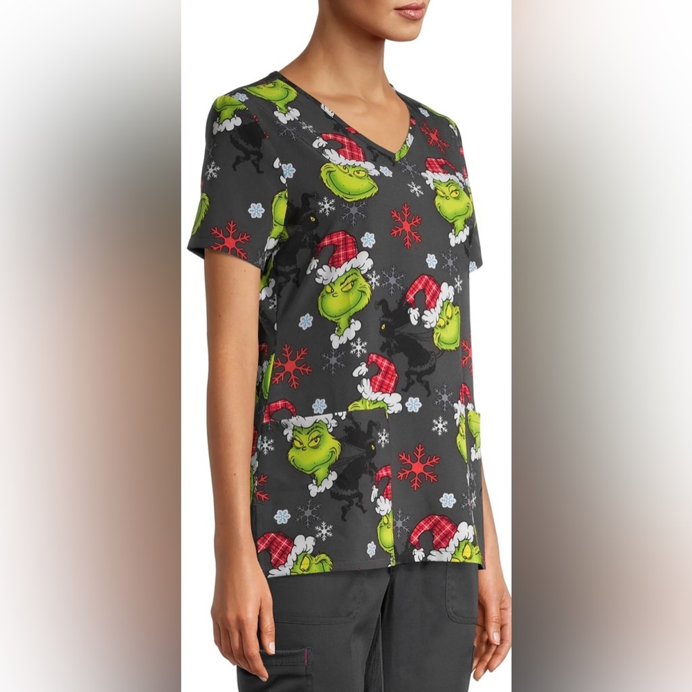 Women’s Gray Grinch Print V-Neck Scrub Top